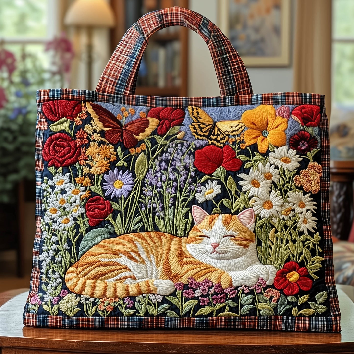 Sleeping Cat Flowers Quilted Tote