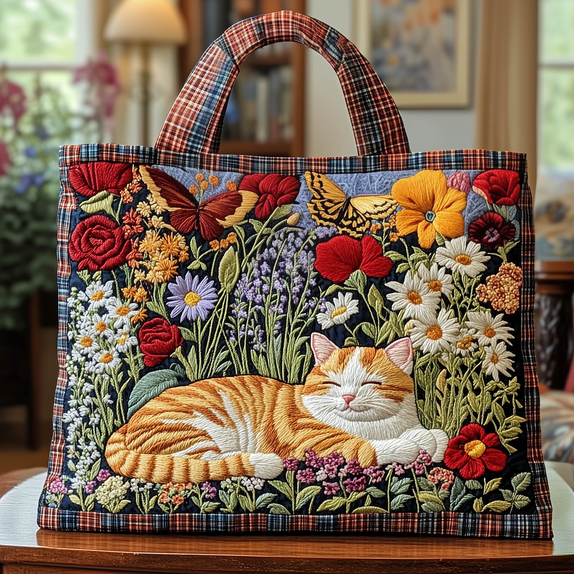 Sleeping Cat Flowers Quilted Tote