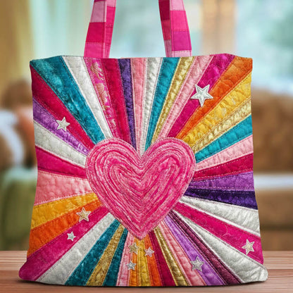 Pink Heart Rainbow Rays Quilted Tote