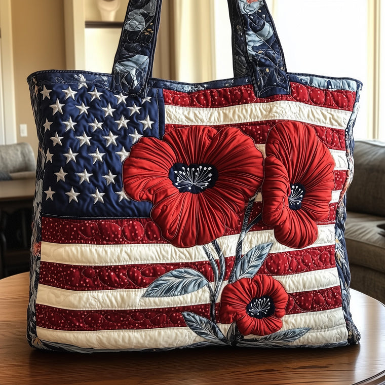 Patriotic Flag Poppy Quilted Tote