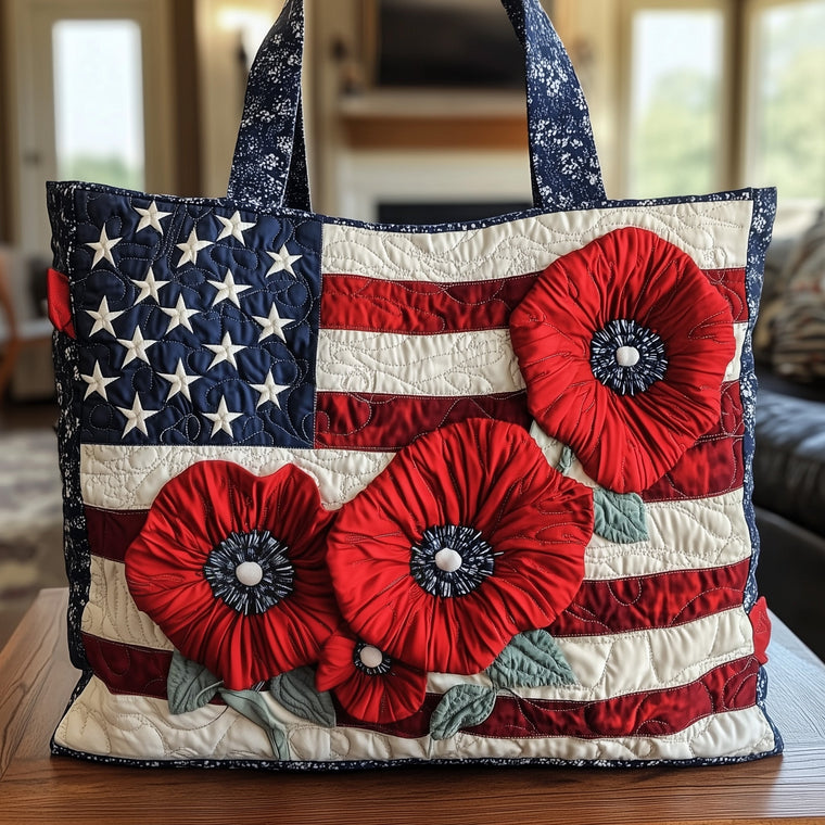 Patriotic Flag Poppies Quilted Tote