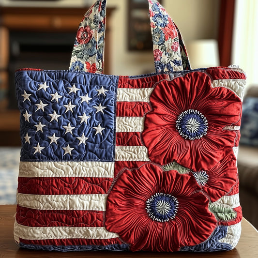 American Flag Poppy Quilted Tote