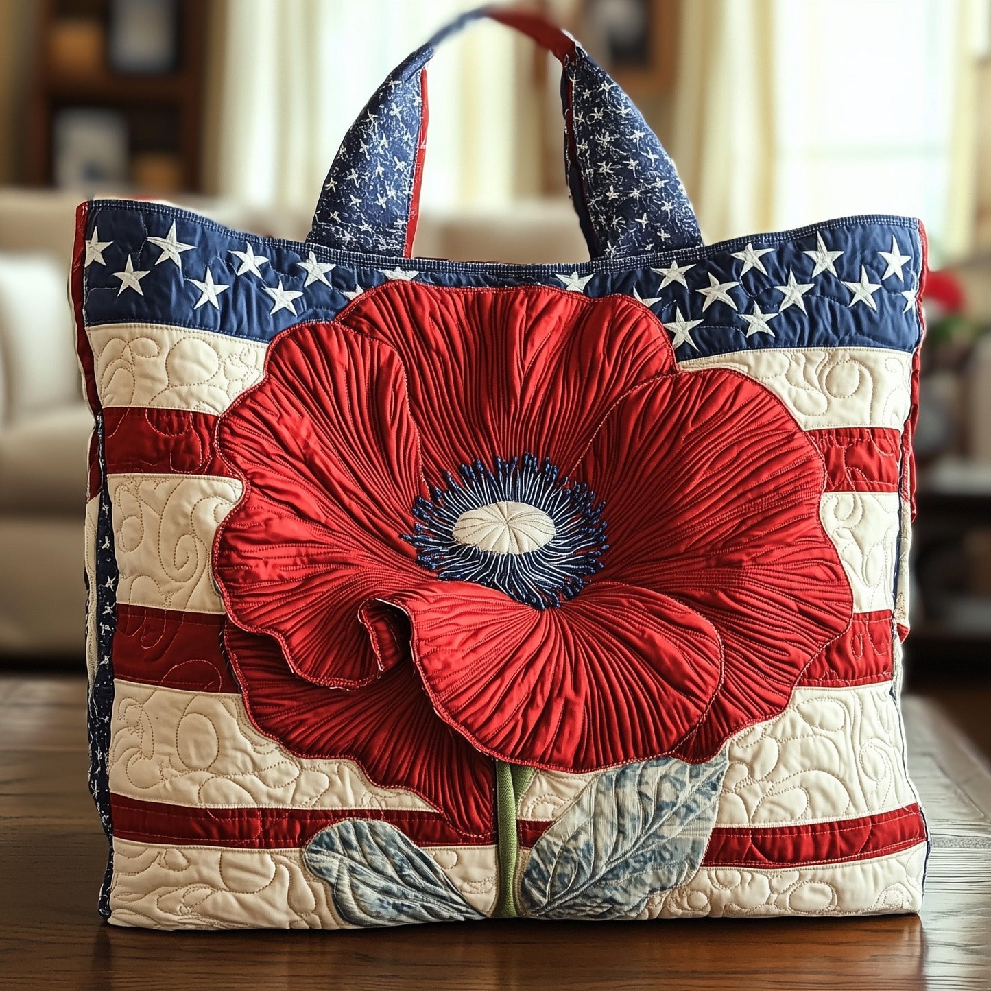 Poppy Flower Stars Quilted Tote