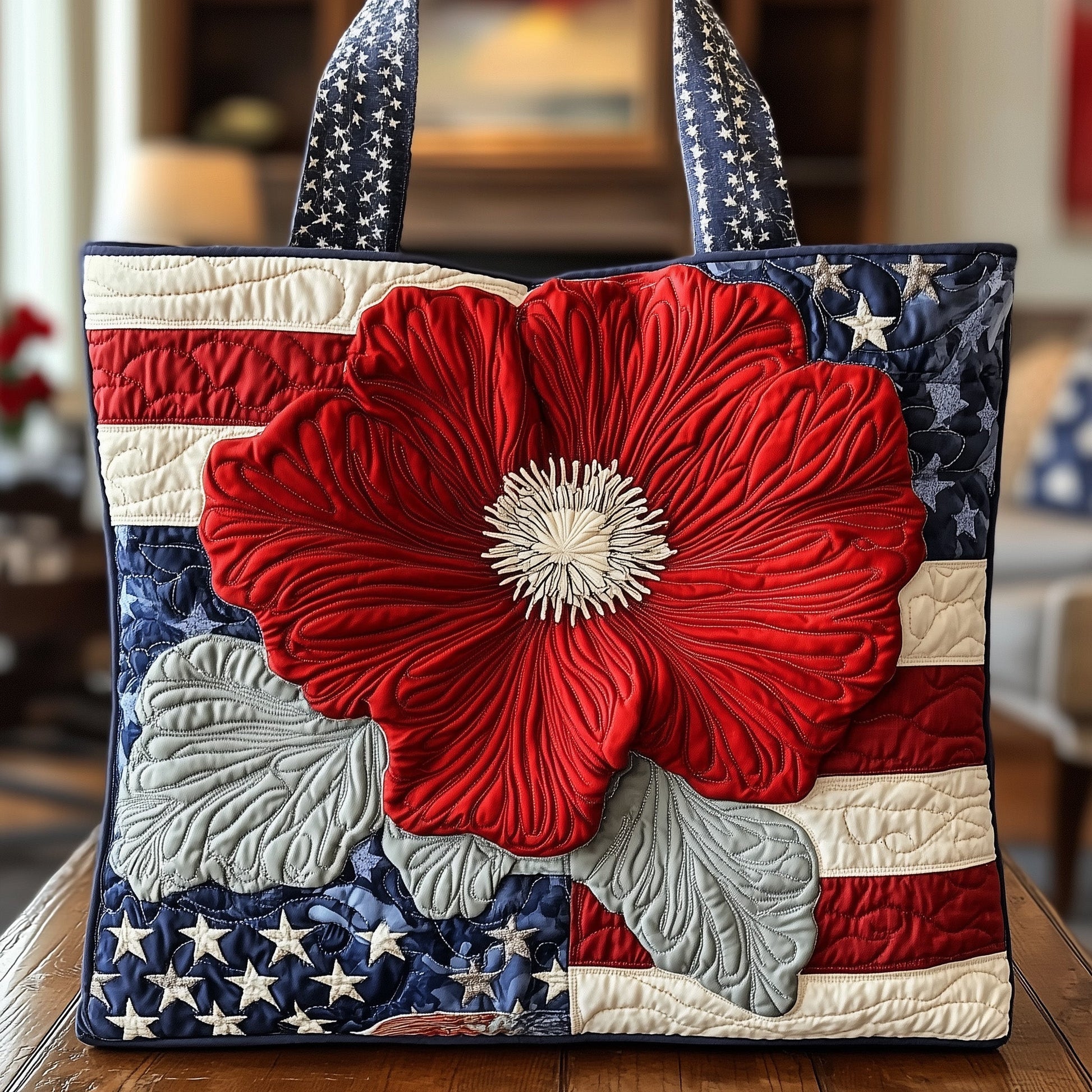 Poppy Flower Flag Quilted Tote