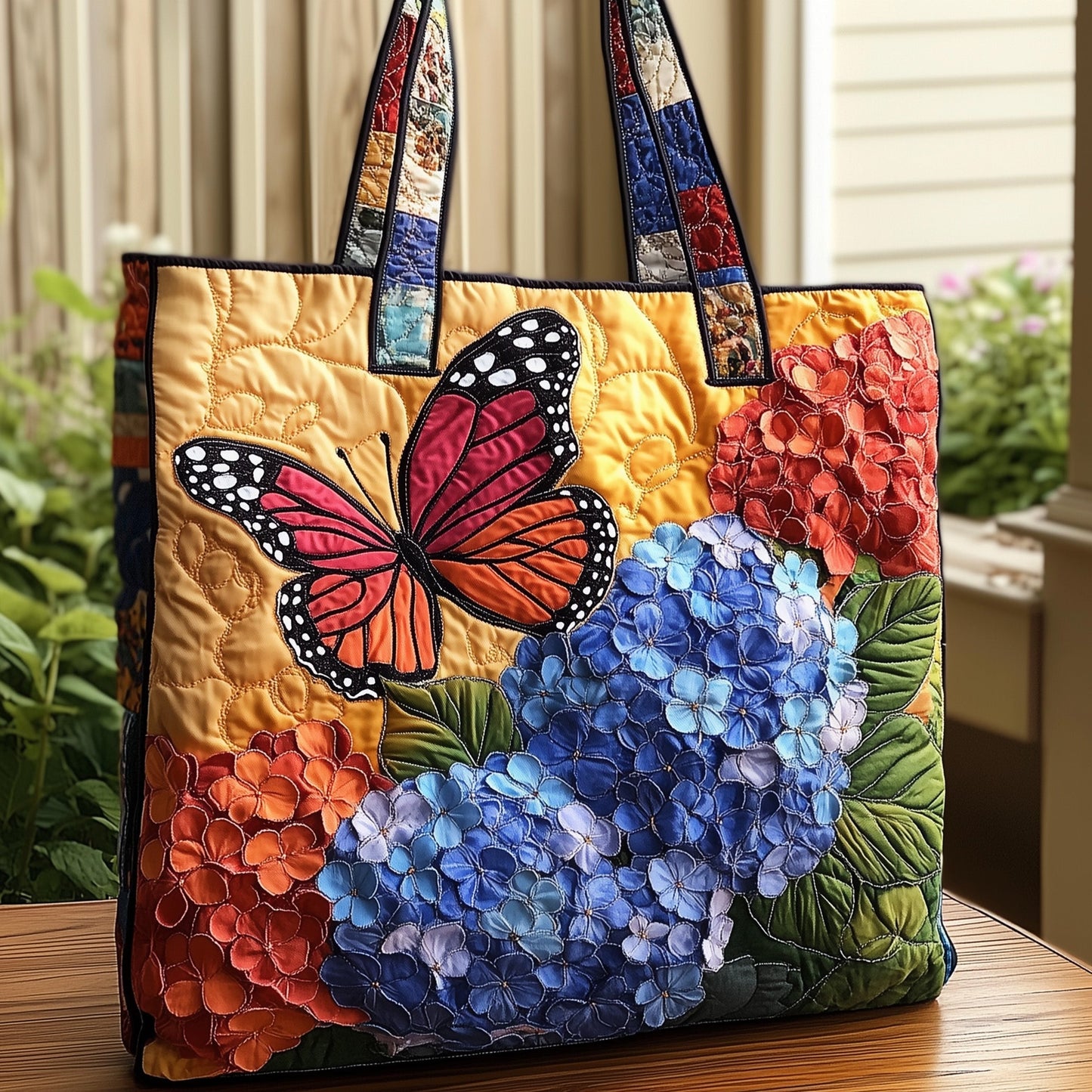 The Butterfly And Hydrangea Quilted Tote