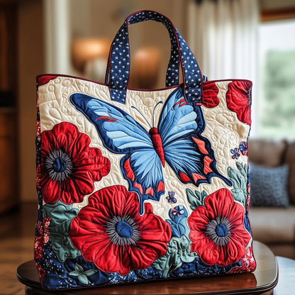 Blue Butterfly Red Flowers Quilted Tote