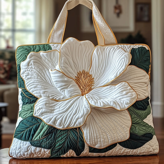 White Magnolia Flower Quilted Tote
