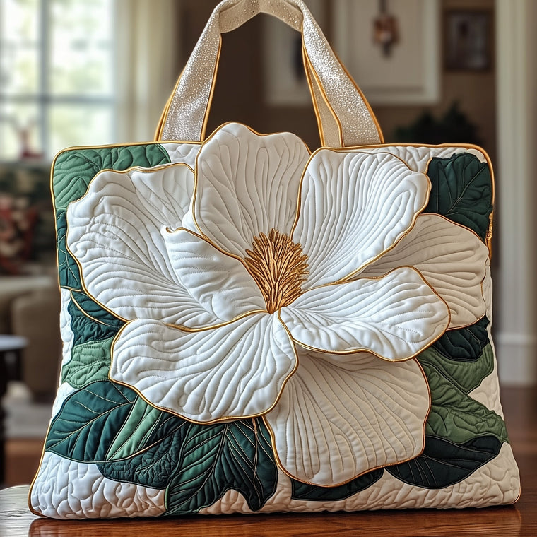 White Magnolia Flower Quilted Tote
