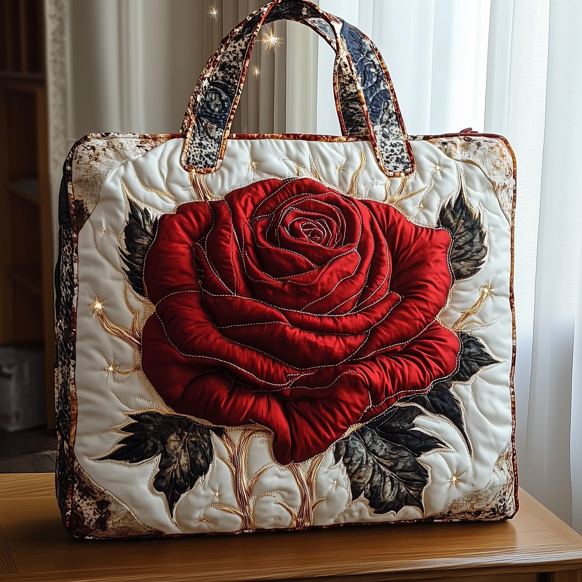 Red Rose Flower Quilted Tote