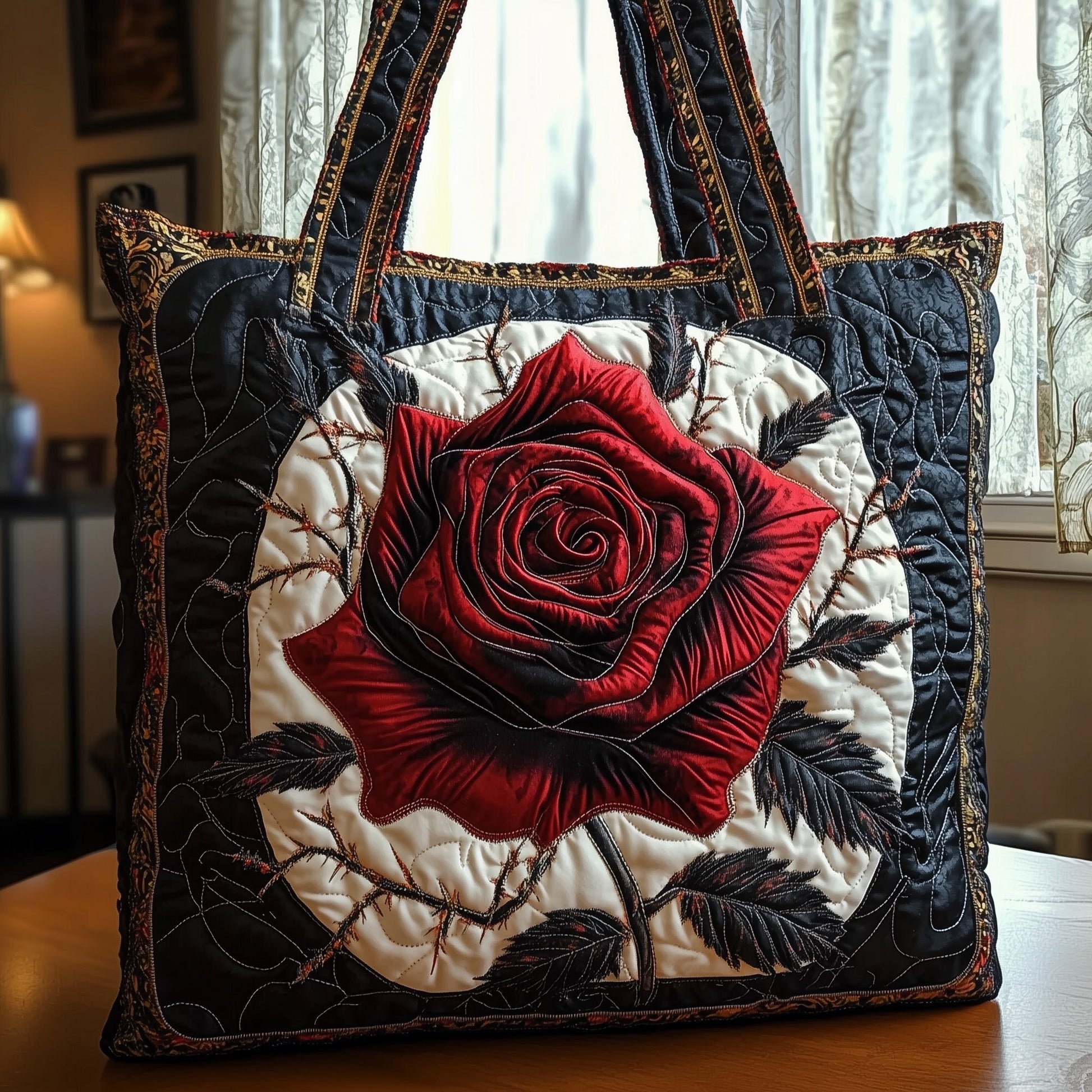 Large Red Rose Quilted Tote