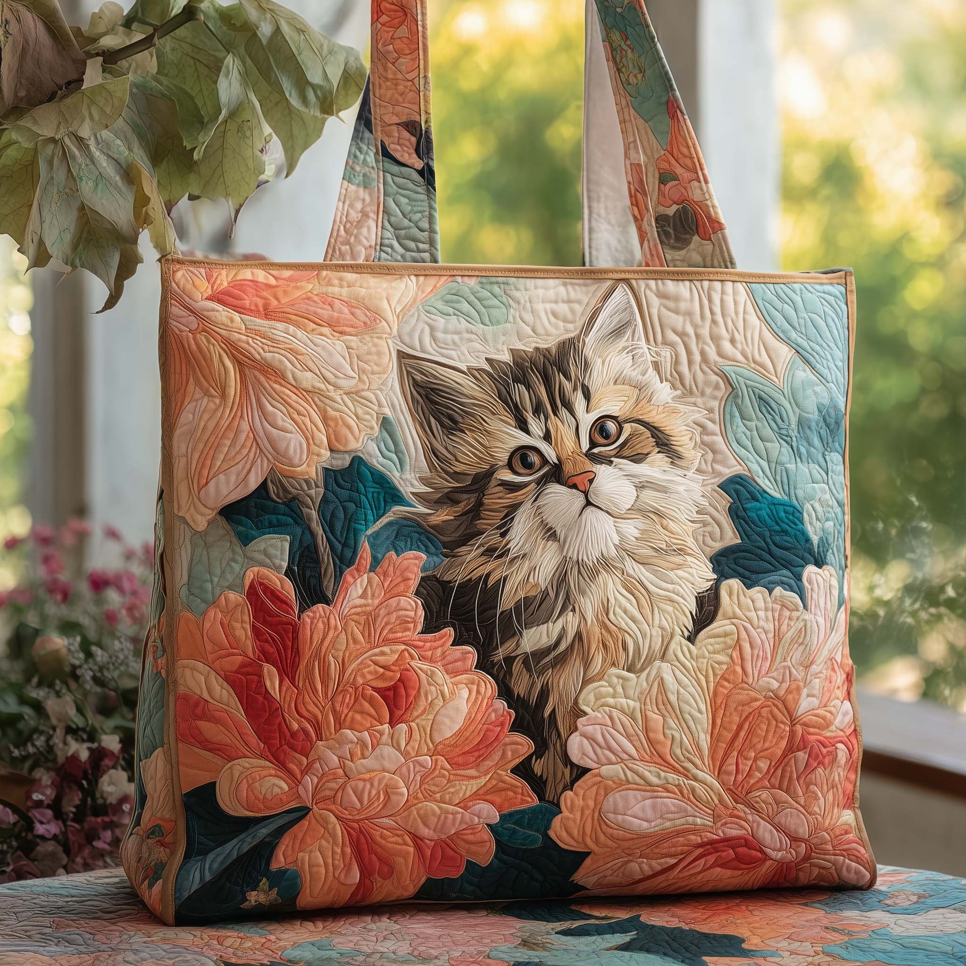 Everyday Peony Kitten Quilted Tote