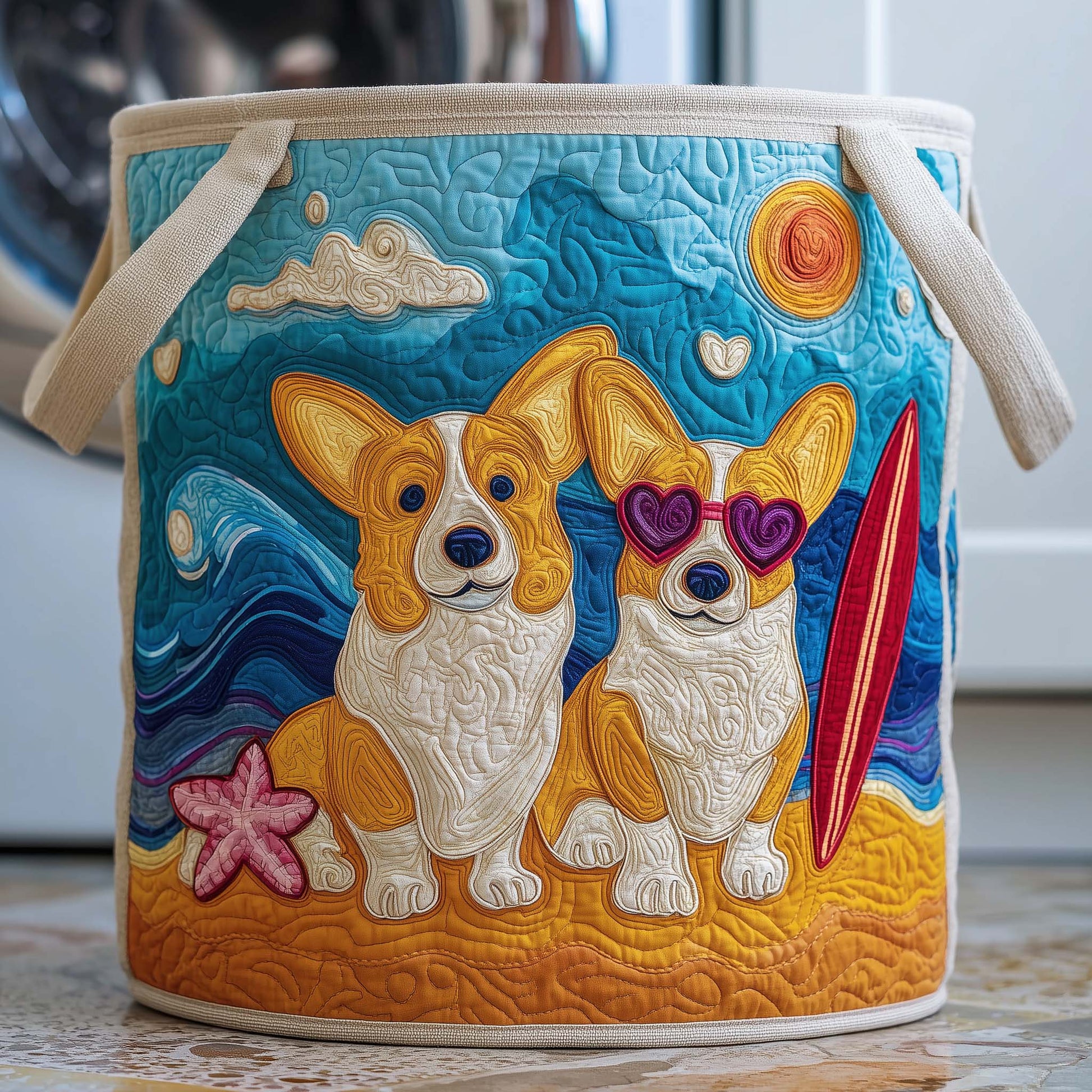 The Beach Corgis Quilted Laundry Basket Tote