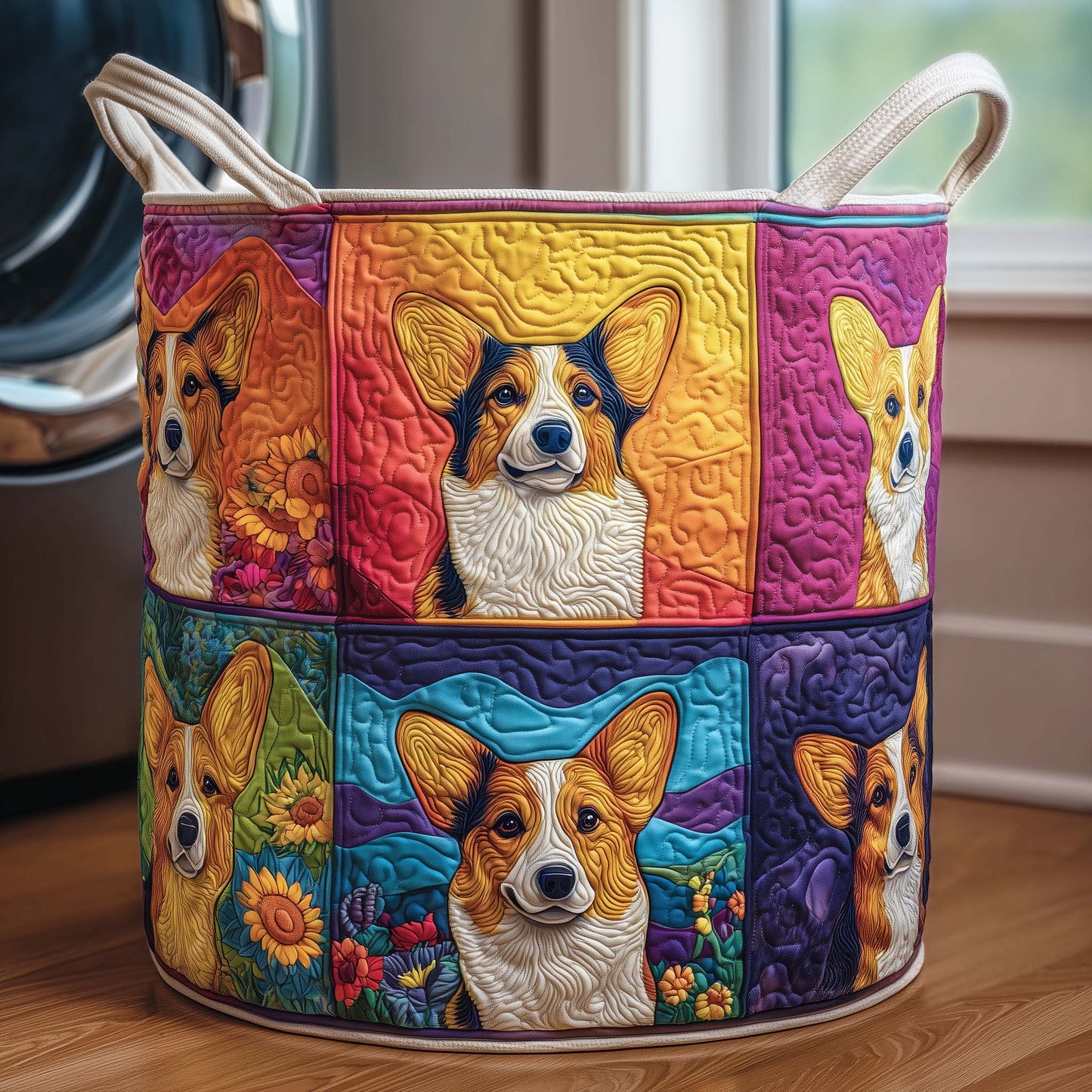 The Patchwork Corgi Quilted Laundry Basket Tote