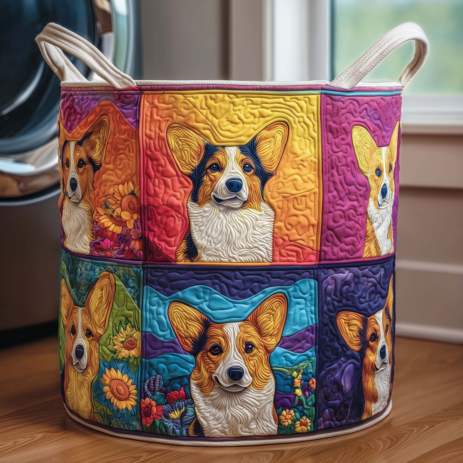 The Patchwork Corgi Quilted Laundry Basket Tote