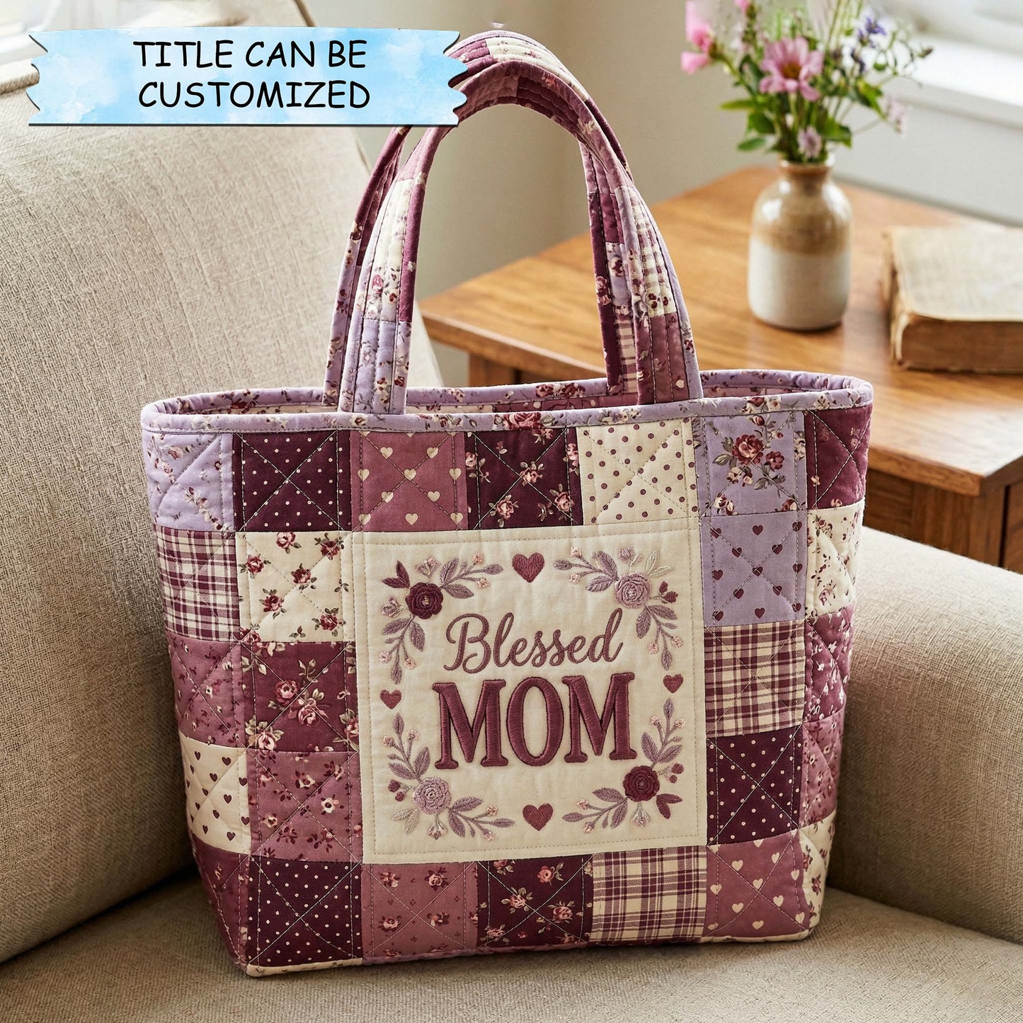 Burgundy Floral Patchwork Quilted Tote
