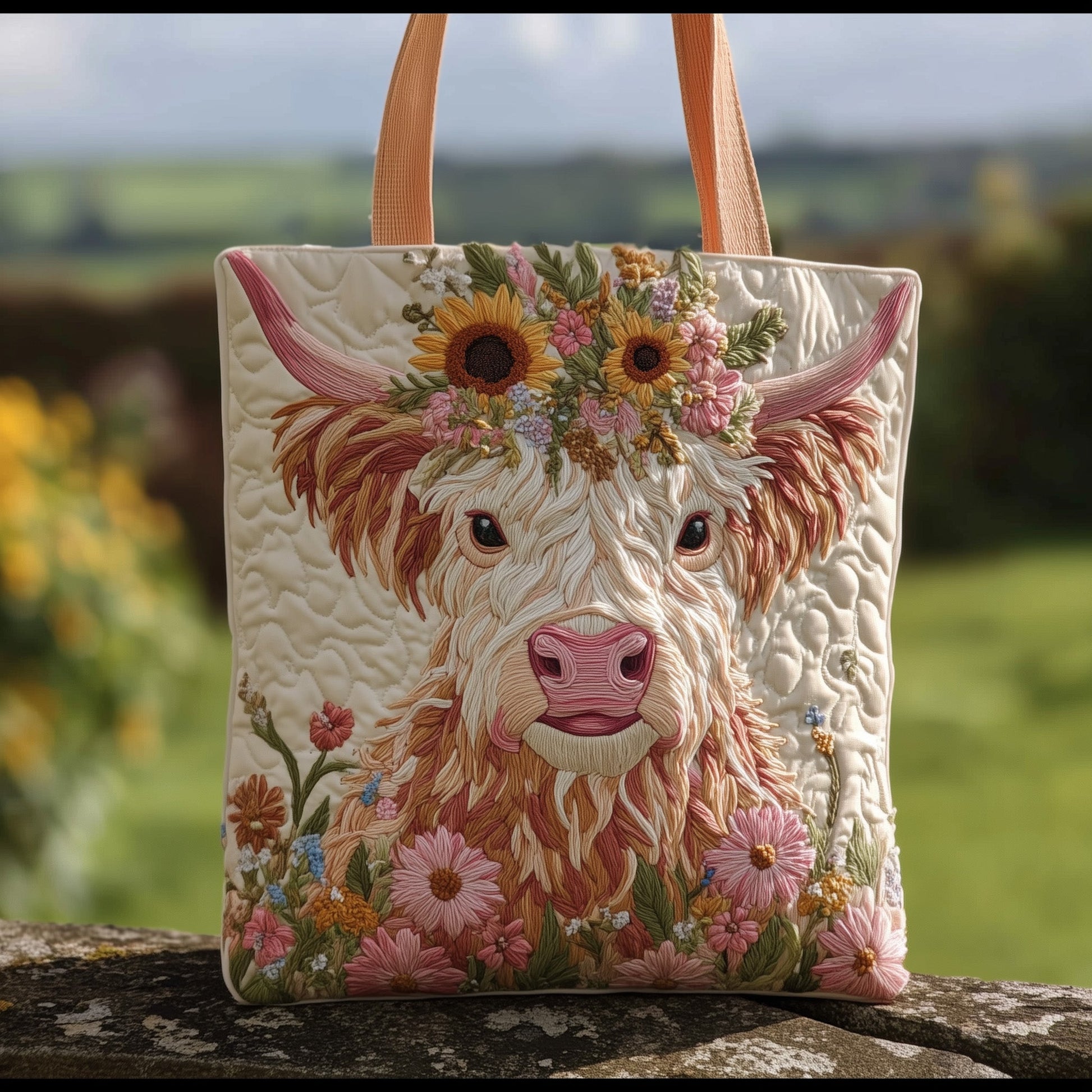 The Flower Highland Cow Quilted Tote