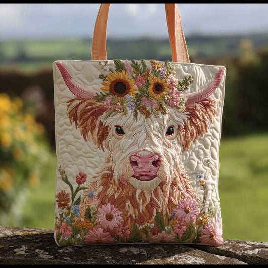The Flower Highland Cow Quilted Tote