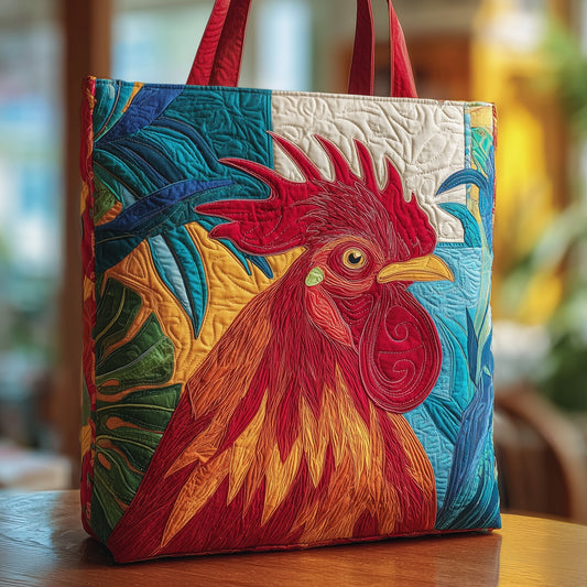 Rooster Tropical Leaves Quilted Tote