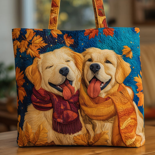 Golden Retrievers Autumn Leaves Quilted Tote