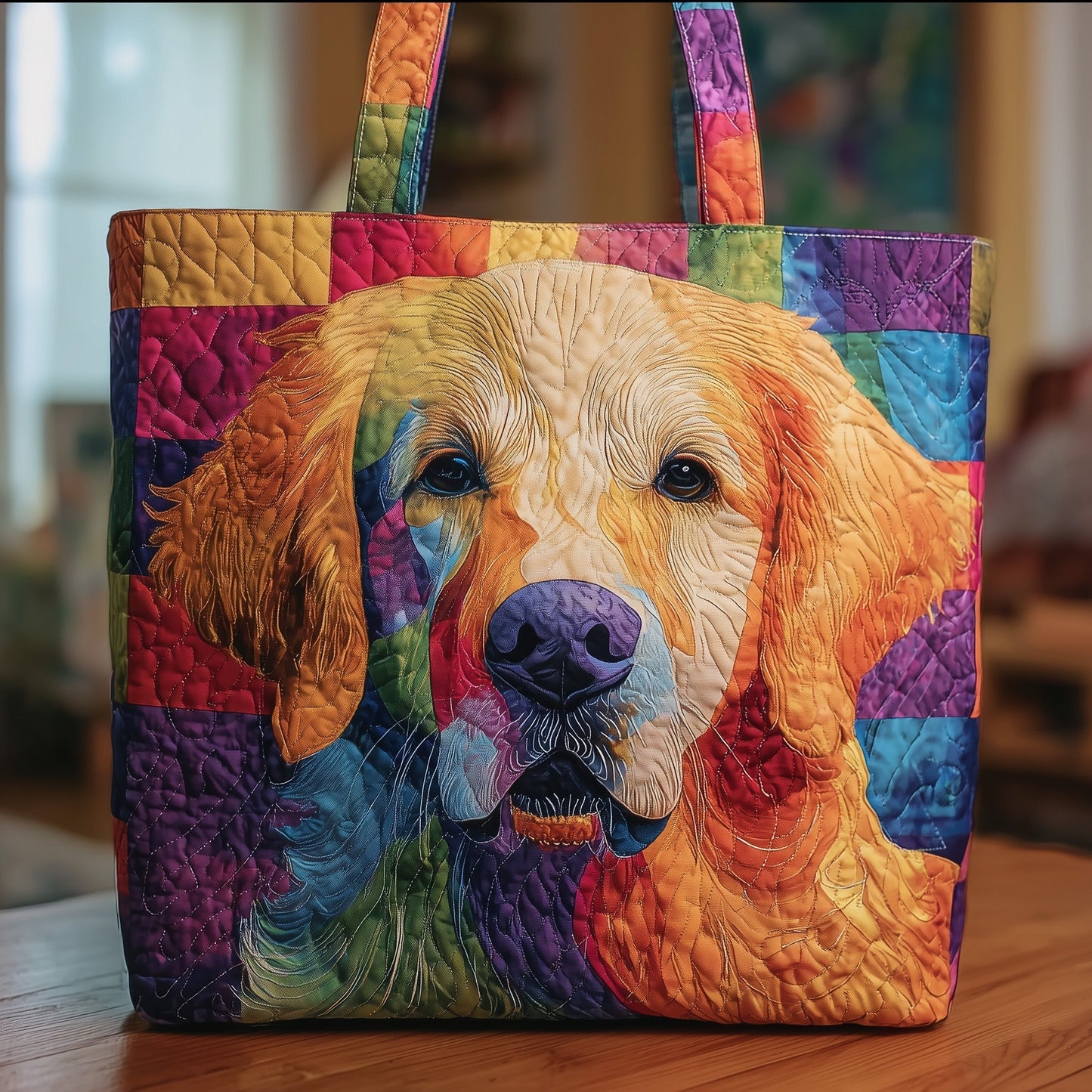 Golden Retriever Rainbow Quilted Tote