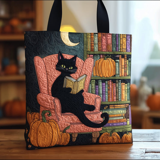 Black Cat Reading Quilted Tote