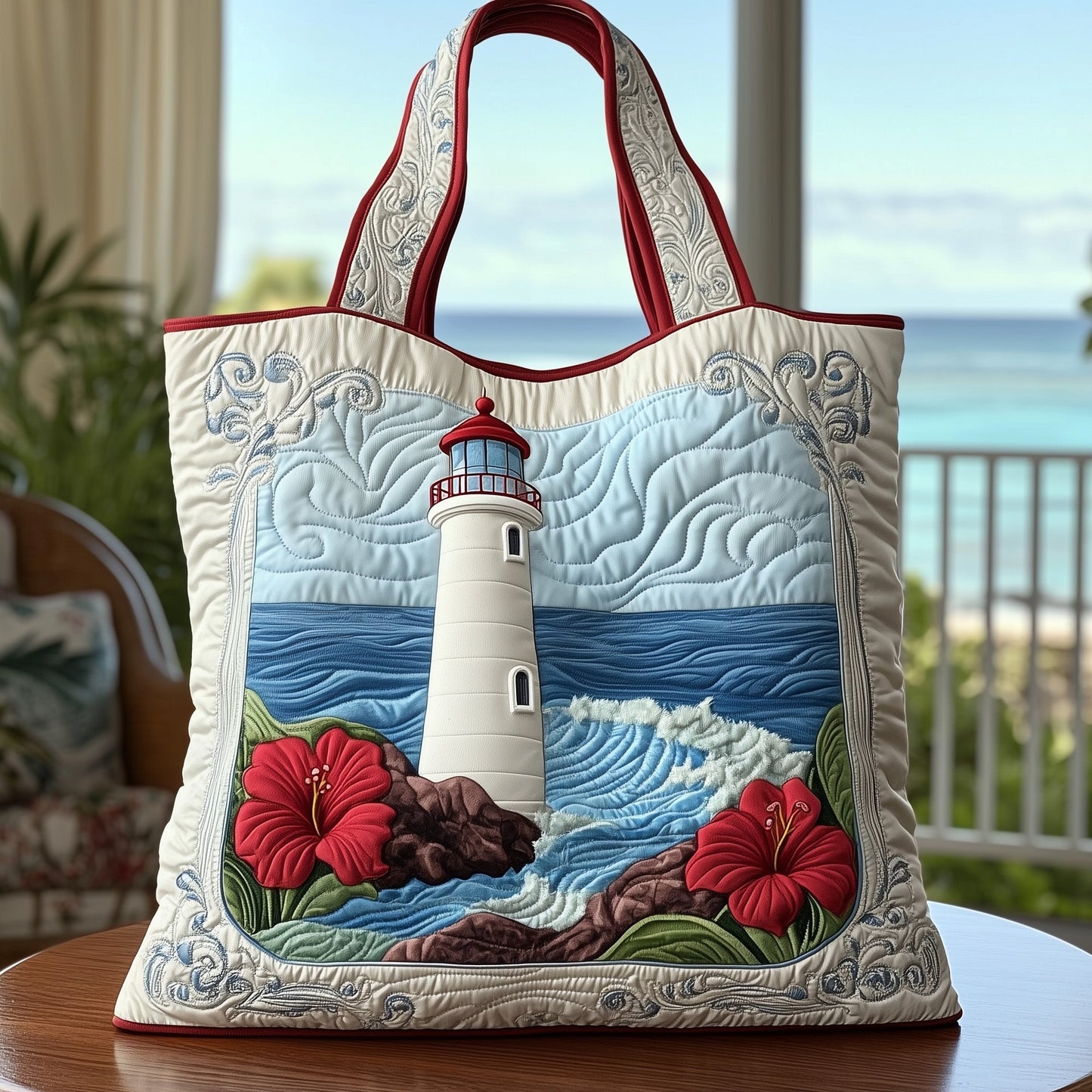 Lighthouse Hibiscus Flowers Quilted Tote