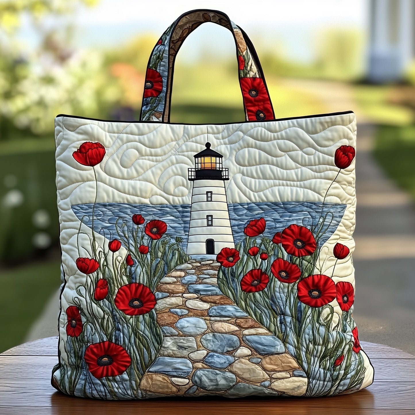 The Lighthouse And Poppies Quilted Tote