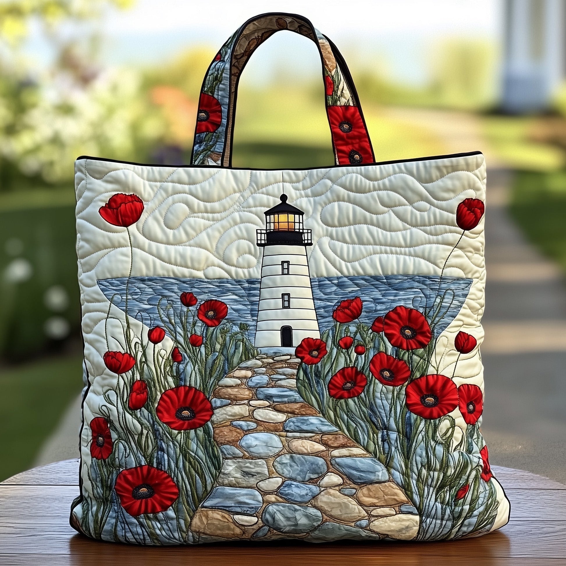 The Lighthouse And Poppies Quilted Tote