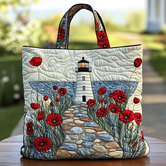 The Lighthouse And Poppies Quilted Tote