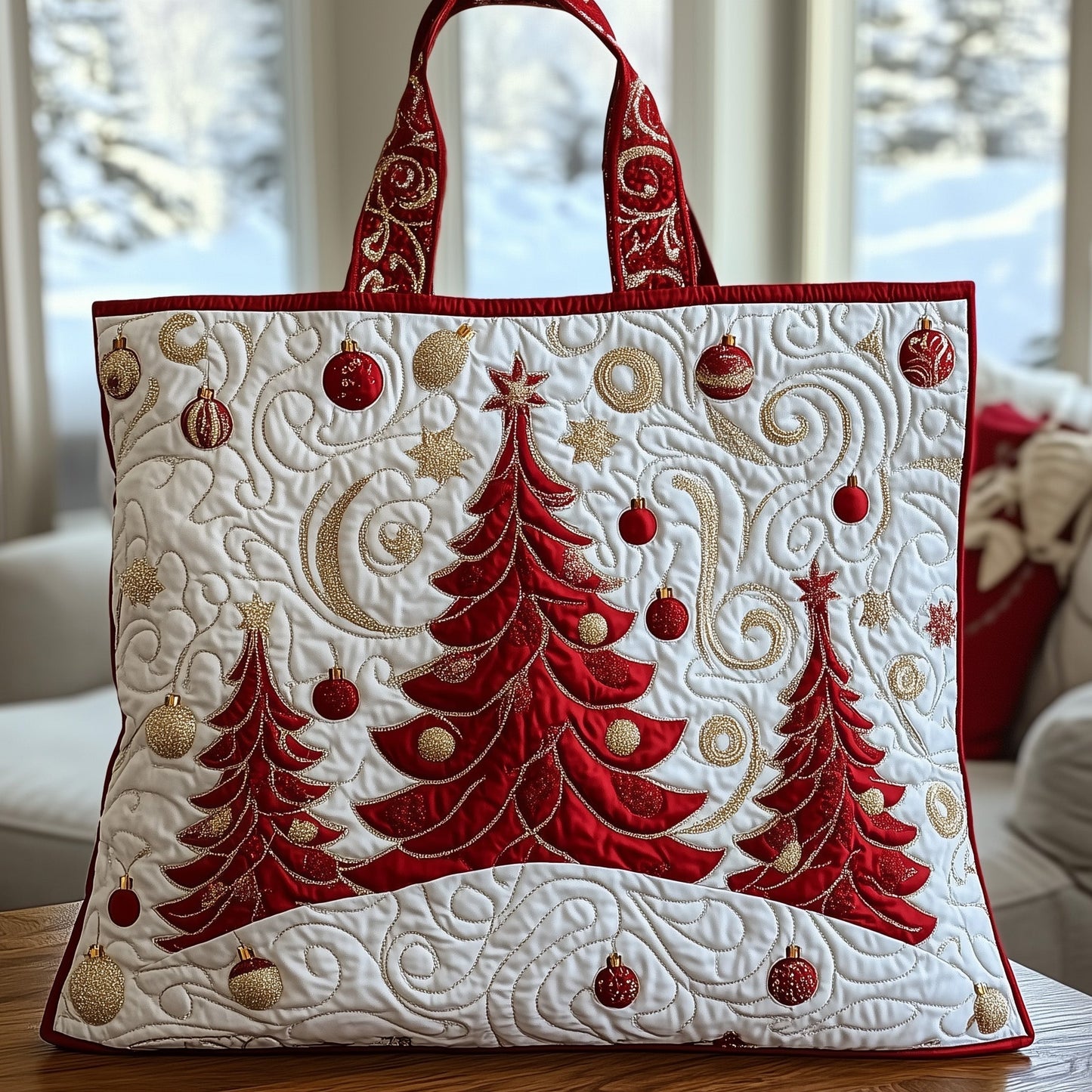 Red Christmas Tree Ornaments Quilted Tote