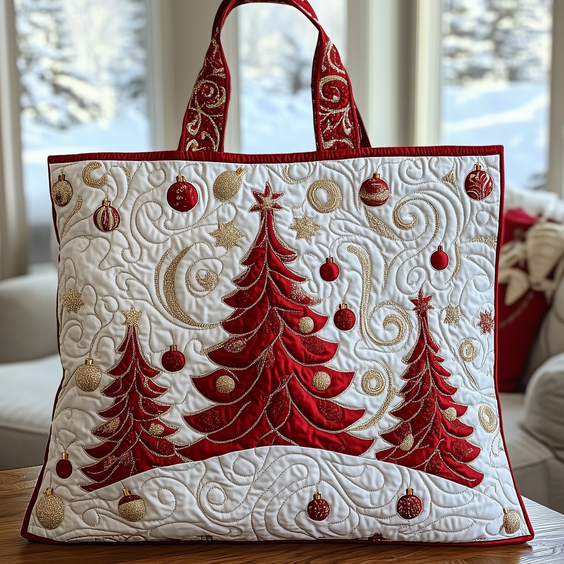 Red Christmas Tree Ornaments Quilted Tote