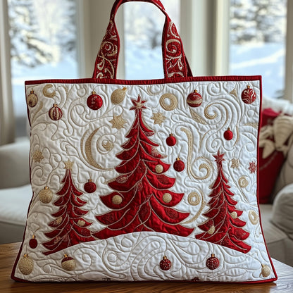 Red Christmas Tree Ornaments Quilted Tote