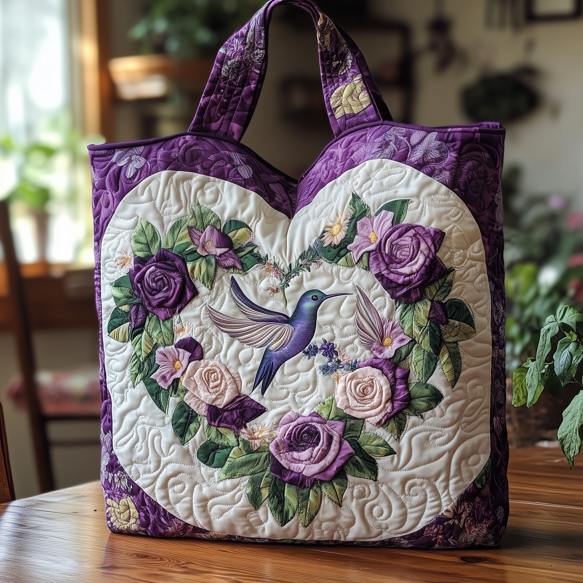 Everyday Hummingbirds Flowers Quilted Tote