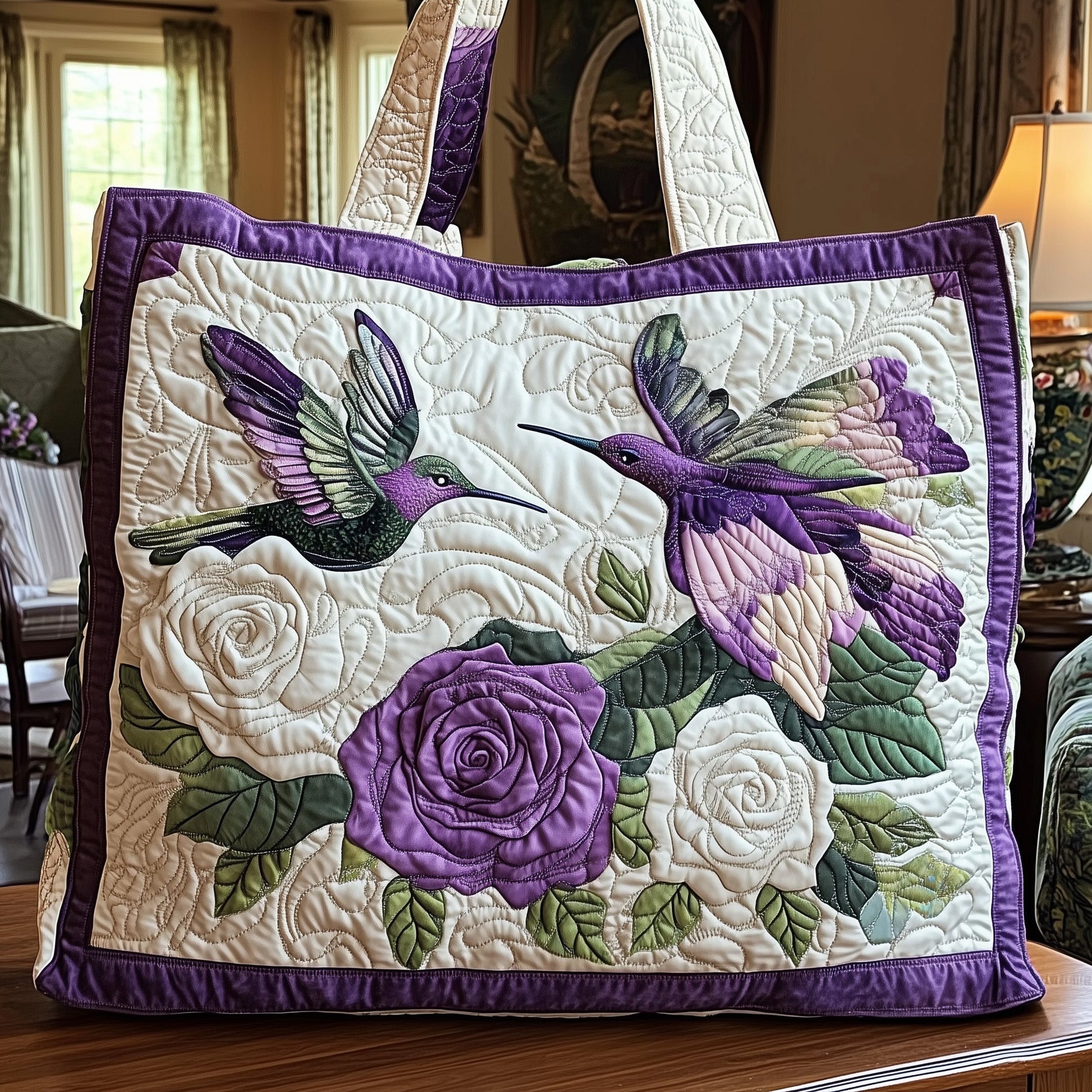Everyday Hummingbirds Roses Quilted Tote