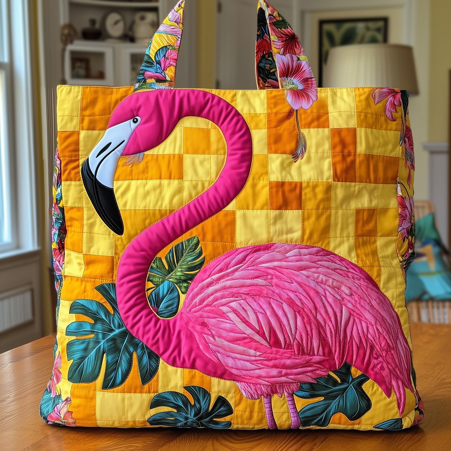 Pink Flamingo Tropical Quilted Tote