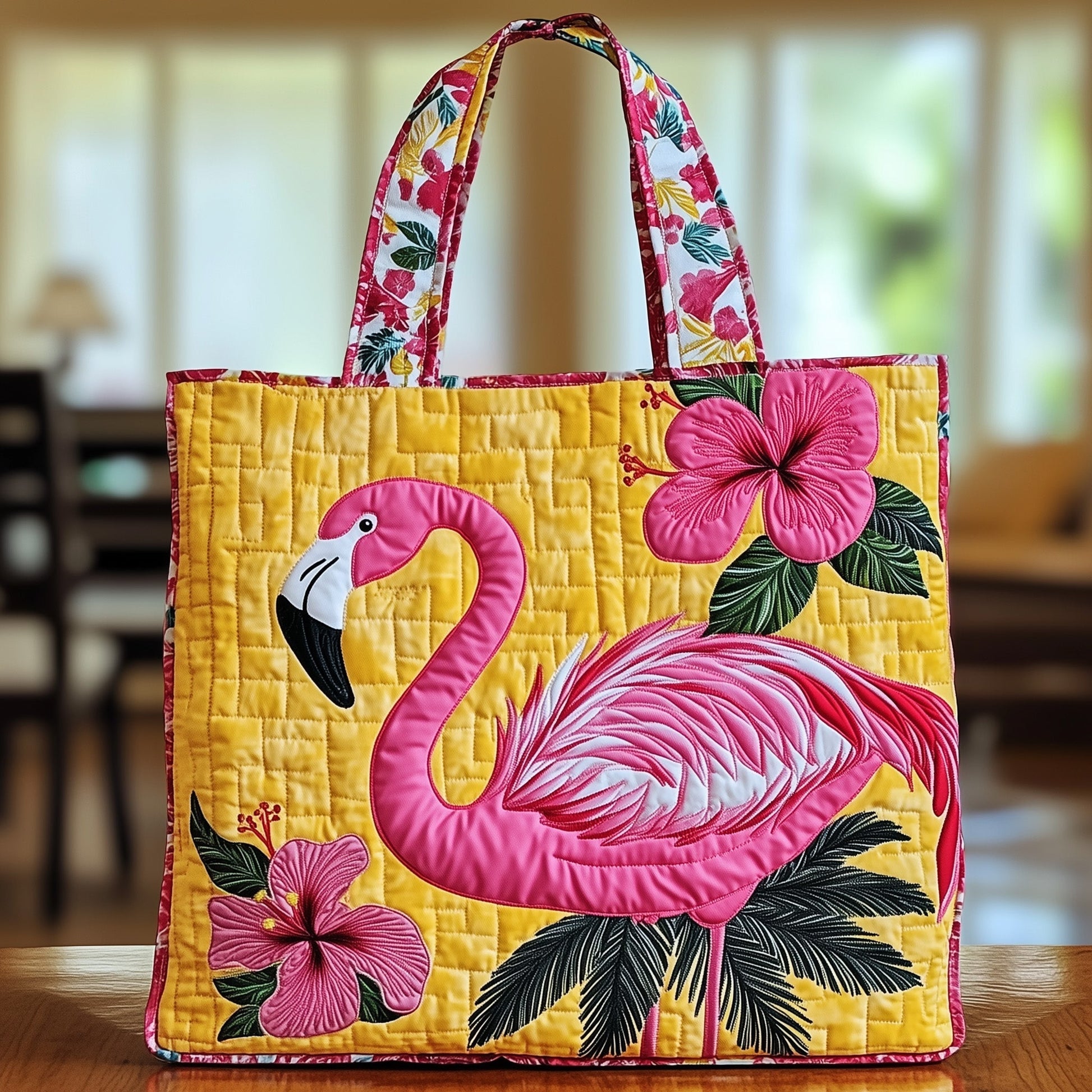 Pink Flamingo Hibiscus Quilted Tote