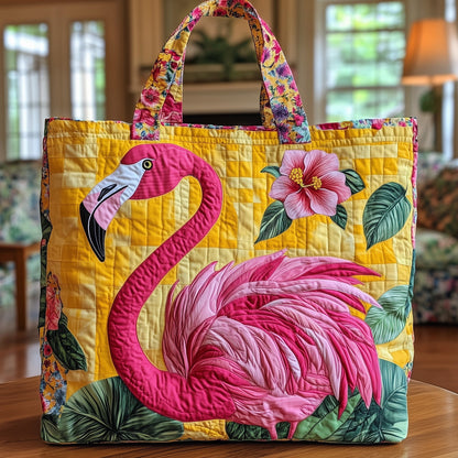 Pink Flamingo Tropical Flowers Quilted Tote