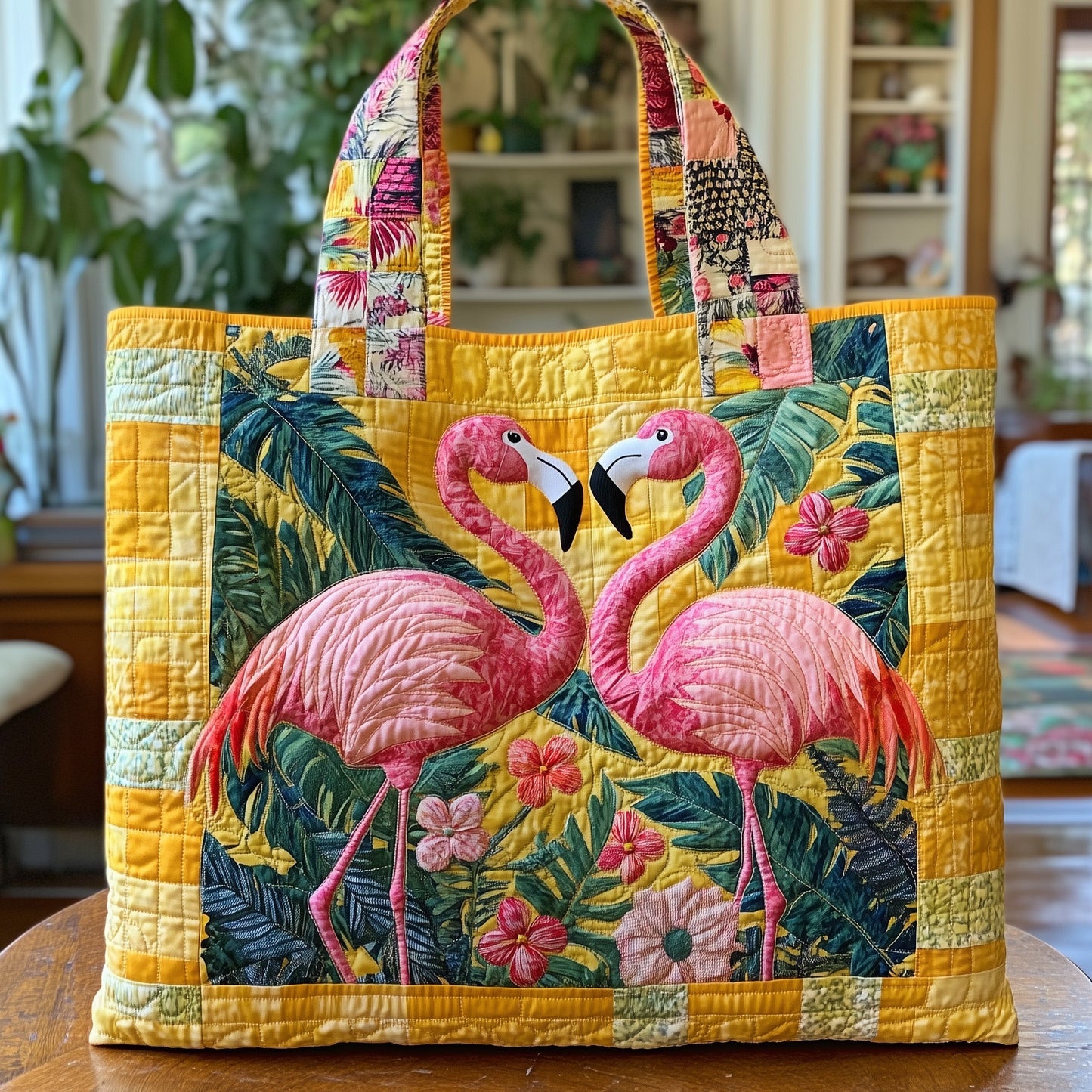 Pink Flamingos Tropical Leaves Quilted Tote