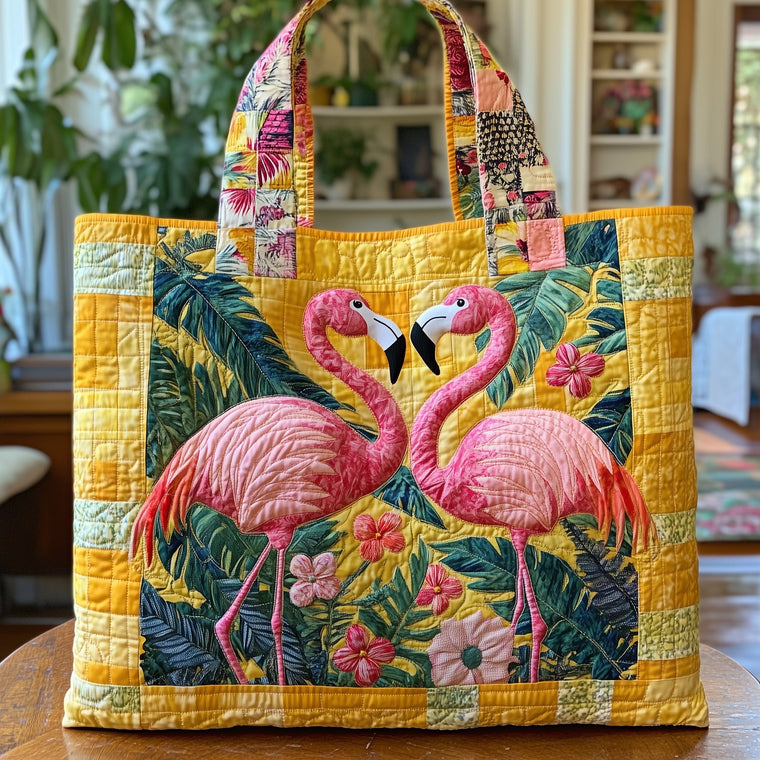 Pink Flamingos Tropical Leaves Quilted Tote
