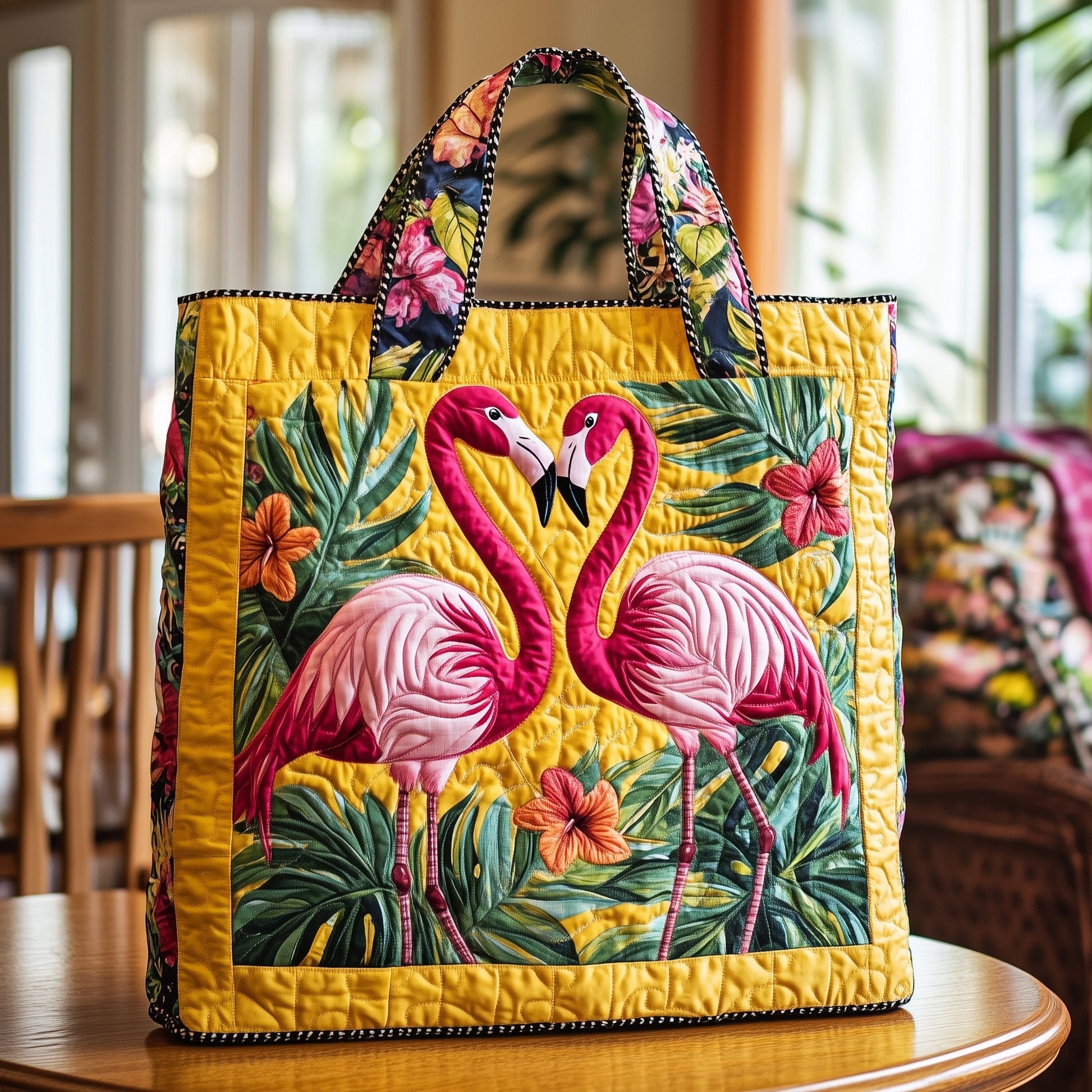 Pink Flamingos Tropical Leaves Tote Bag