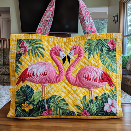 Flamingos Tropical Leaves Quilted Tote