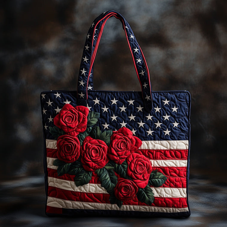 Stars Red Roses Quilted Tote