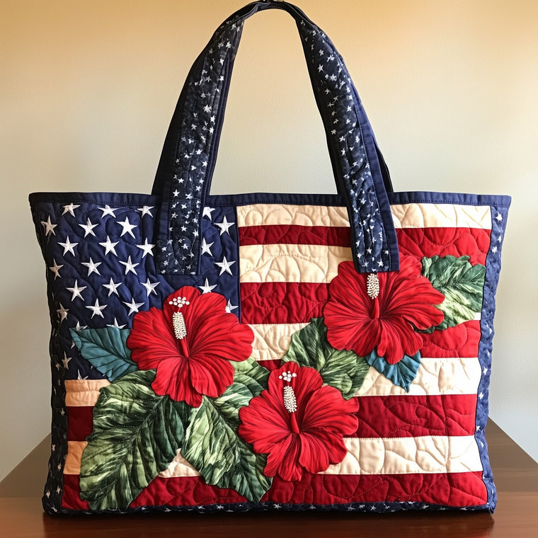 Hibiscus Flowers Stars Quilted Tote