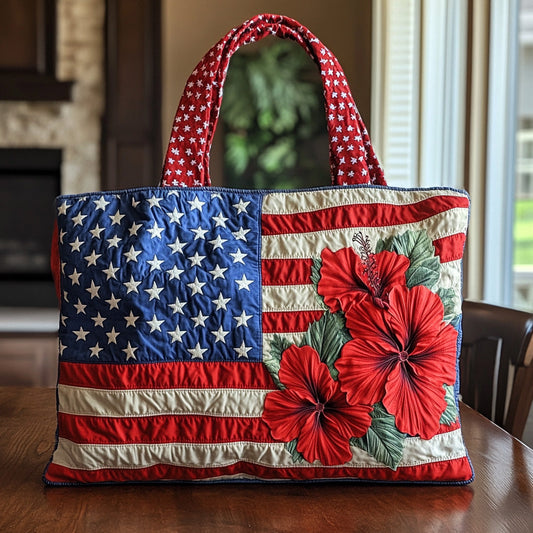 American Flag Hibiscus Quilted Tote