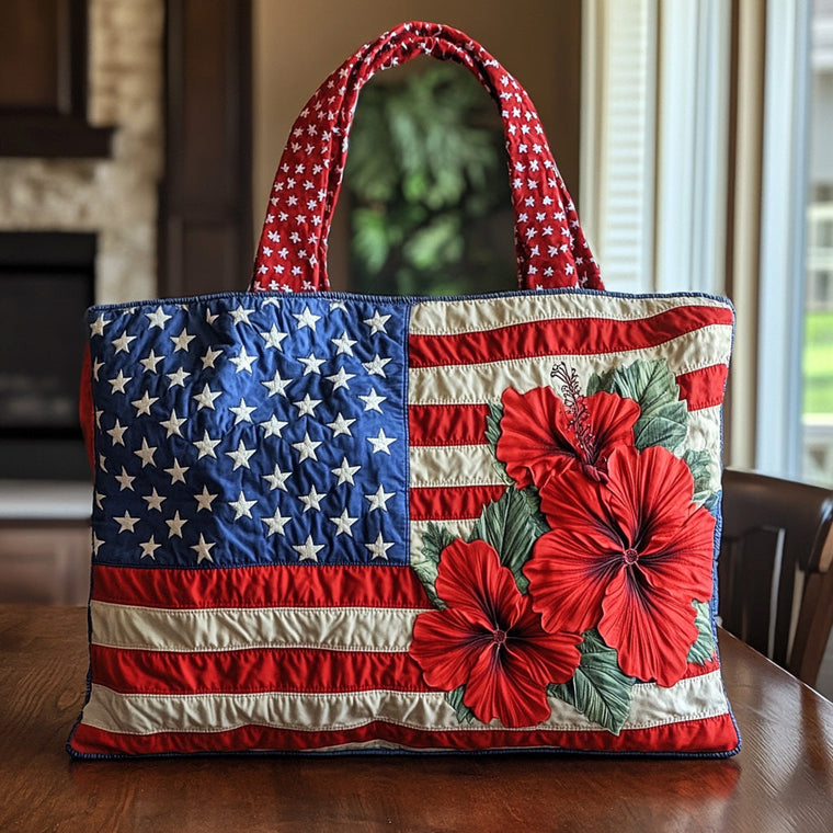American Flag Hibiscus Quilted Tote