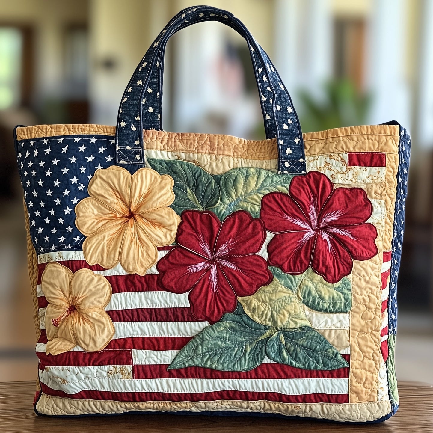 Stars Stripes Hibiscus Quilted Tote