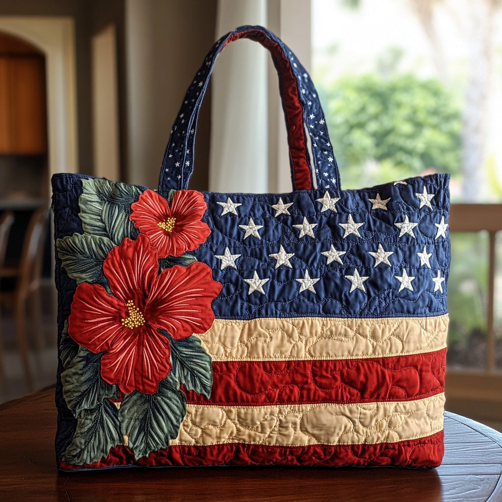 Stars Stripes Hibiscus Flowers Quilted Tote