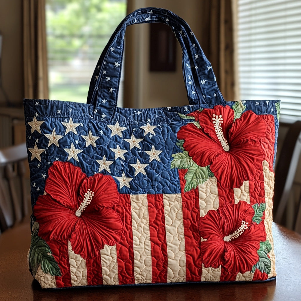 Stars Hibiscus Flowers Quilted Tote
