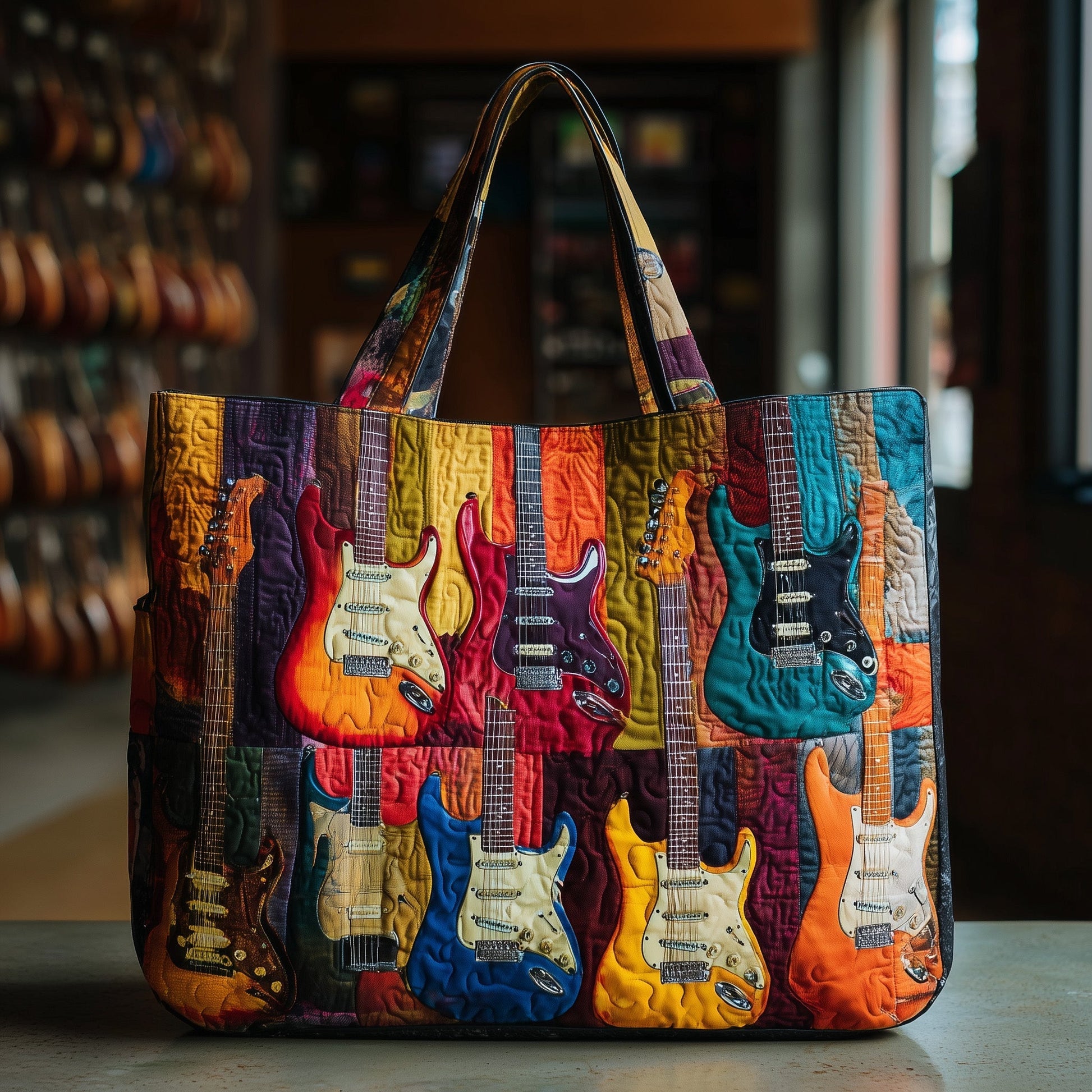 Colorful Electric Guitars Quilted Tote