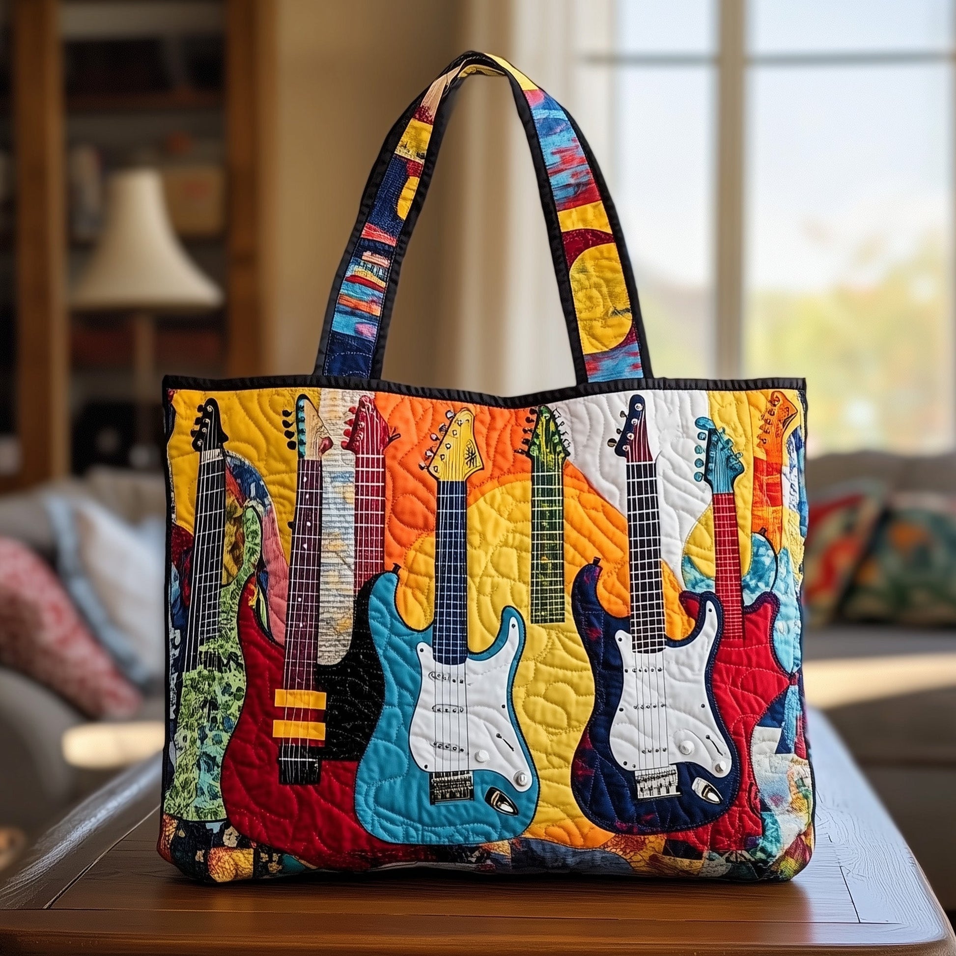 Colorful Guitar Neck Patterns Quilted Tote